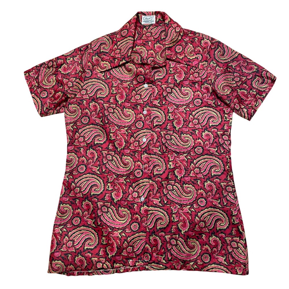 Vintage Shirt 70s Paisley Button Up Shirt Royal Pink Red Dagger Collar